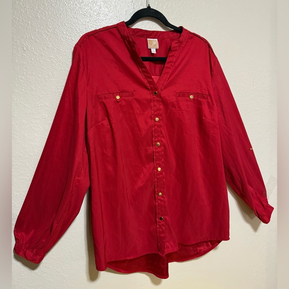 JM Collection Red Button Up Blouse Size 18 | Long Sleeve Career Office Top Plus - Picture 4 of 4